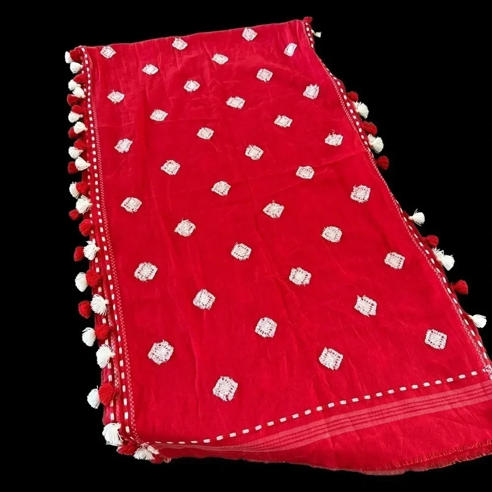 J‎ Crew one Size Red White Rectangular Scarf Tassel Trim Valentines Day Summer